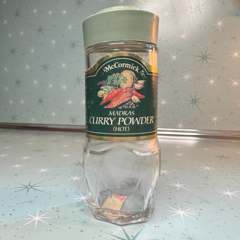 Vintage McCormick Madras Curry Powder Hot Jar Green Label and Lid‎ Glass Bottle